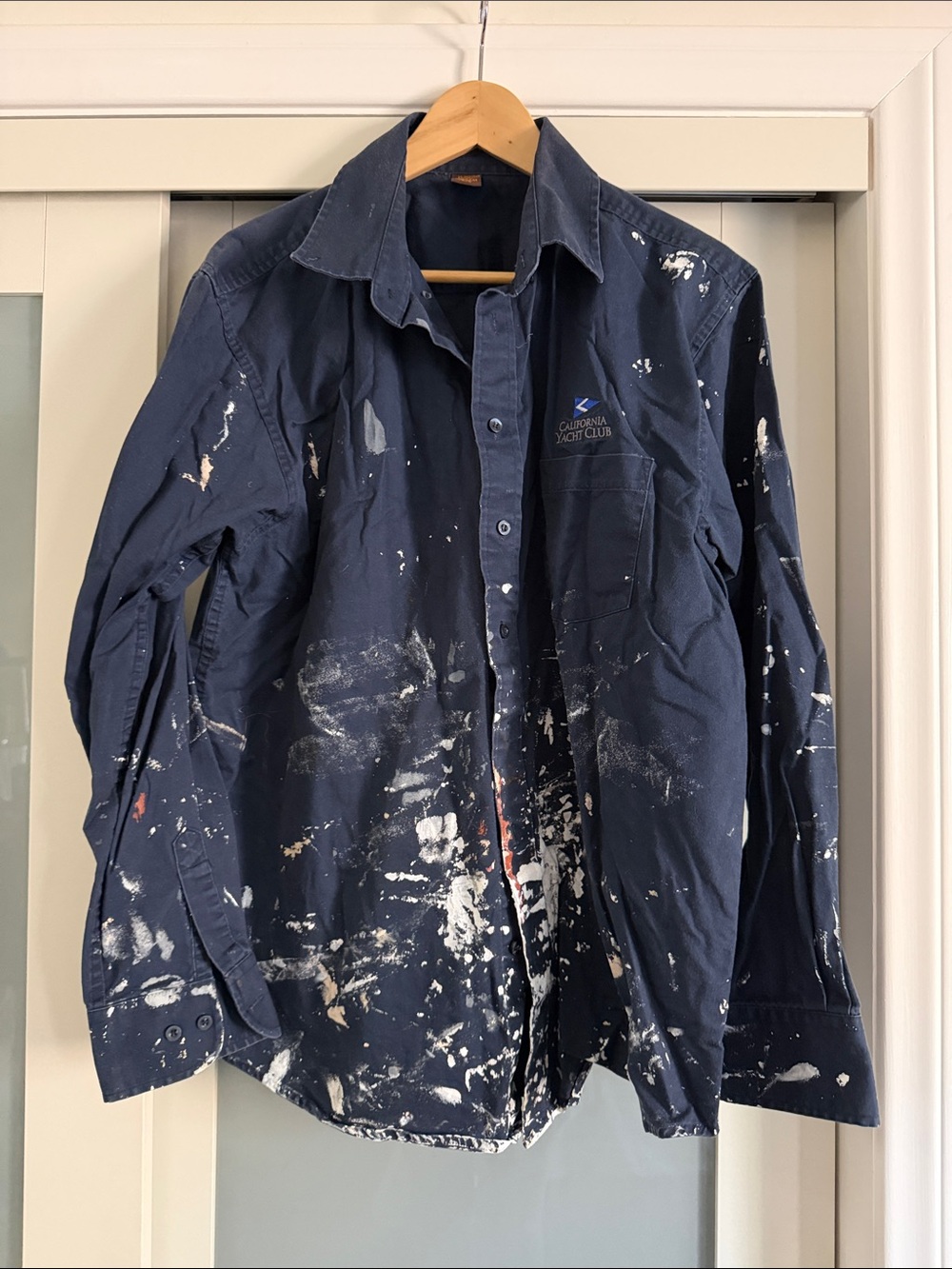 Paint-Splattered Navy Button-Up Shirt